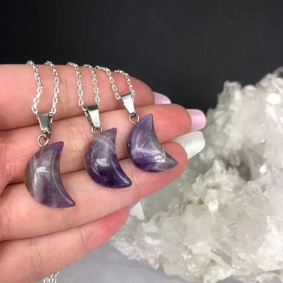 Real Genuine Chevron Amethyst Moon Crystal Necklace on 925 Silver chain - Picture 2 of 5